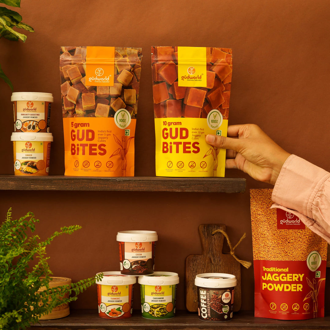 Gudworld Gud Bites, flavored jaggery cubes, hygienic jaggery packaging