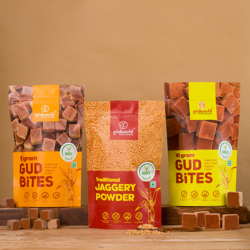 Assorted Plain Jaggery Combo I (5g Gud Bites, 10g Gud Bites, Traditional Jaggery Powder)