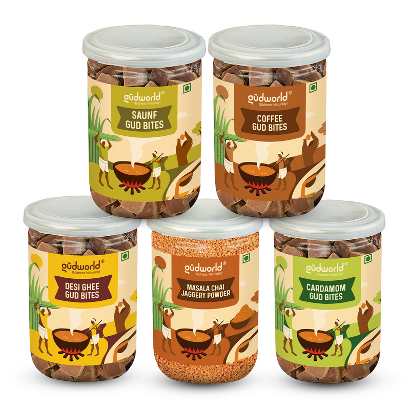 Sharks Approved Combo I Desi Ghee, Cardamom, Coffee, Saunf Gud Bites, and Masala Chai Jaggery Powder (300g Each)