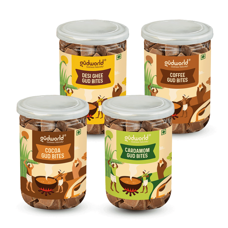 Ultimate Gourmet Combo I Desi Ghee, Cocoa, Coffee, Cardamom Gud Bites (300g Each)